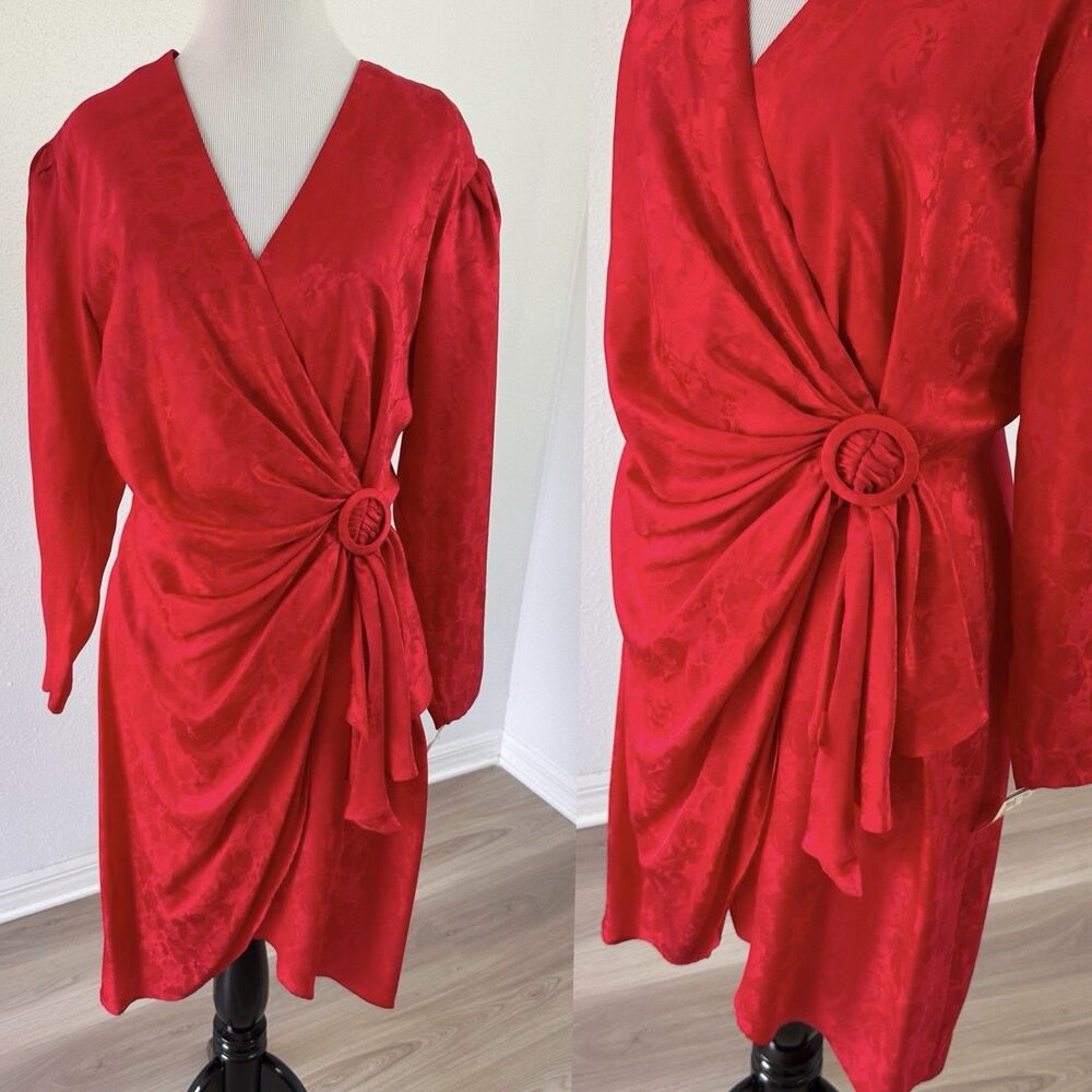 NEW Pure Silk Faux Wrap Dress by PATRICK Red Long Sleeve Draped 10